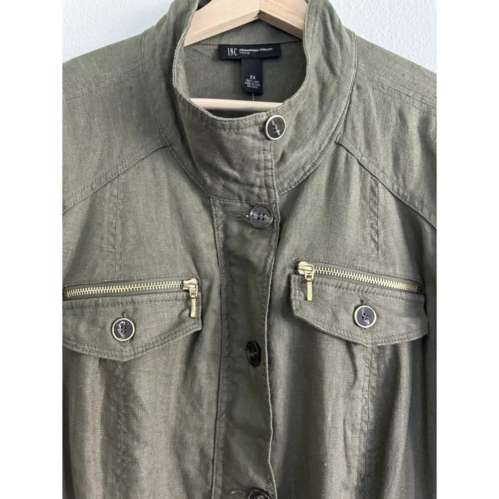 INC Utility Jacket Women's 2XL Olive Green Linen Lightweight Cargo Military Chic - Picture 9 of 14